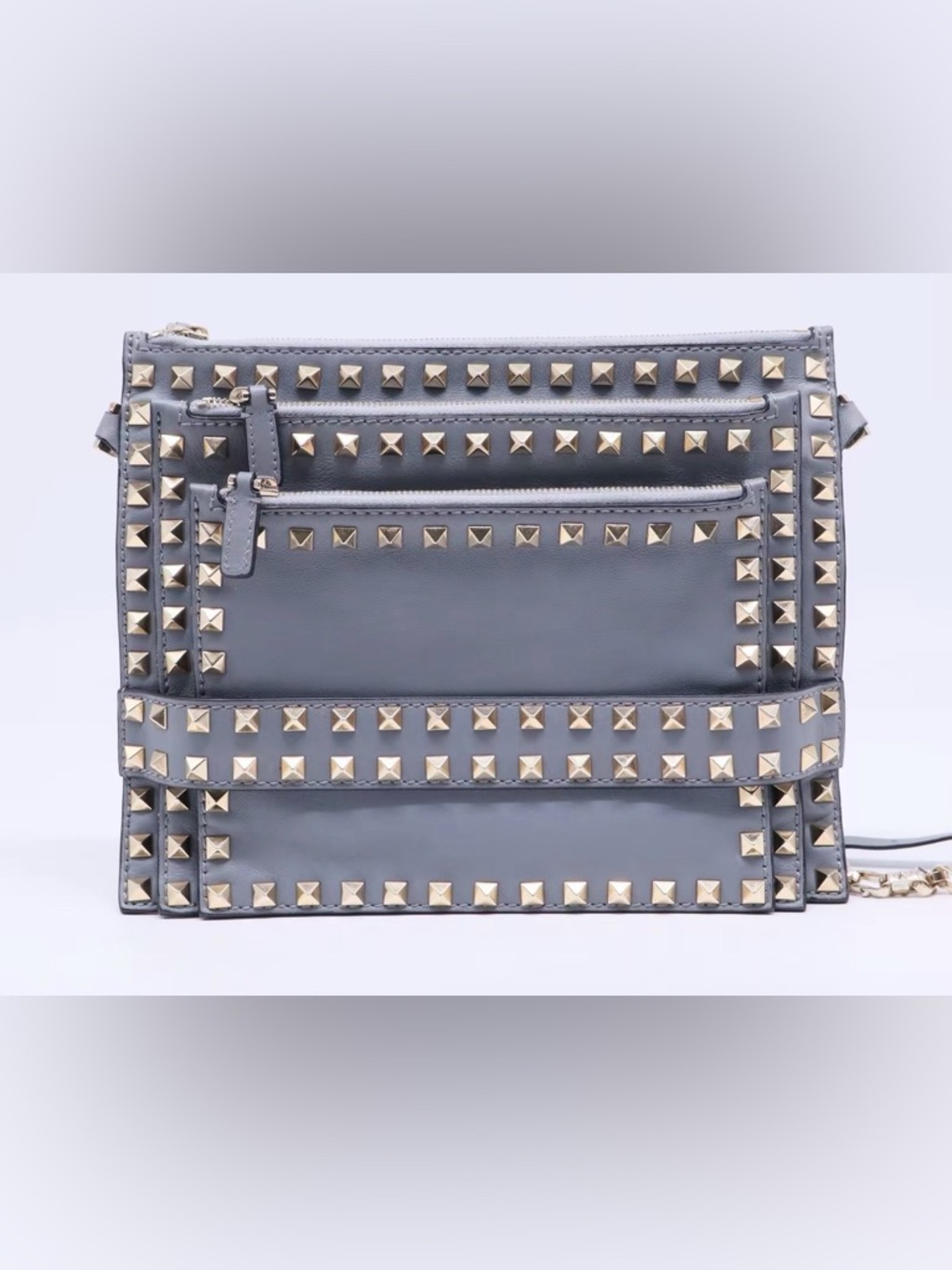 Valentino Gravani Studded Grey Leather Crossbody Bag comes with COA